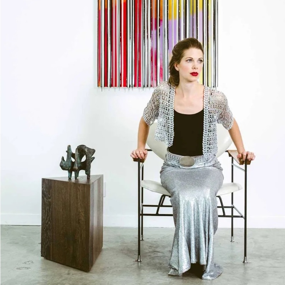 Escama Studio Sweater Womens M Silver Cropped Open Front Shrug Bolero